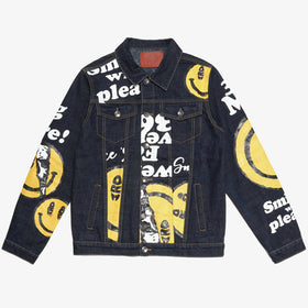PIECED SMILES DENIM JACKET - RAW INDIGO